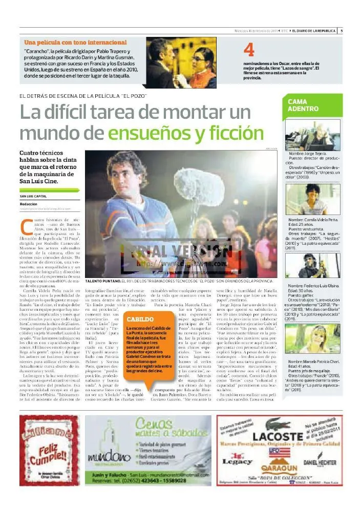 Recorte de El Diario de la República: La difícil tarea de montar un mundo de ensueños y ficción