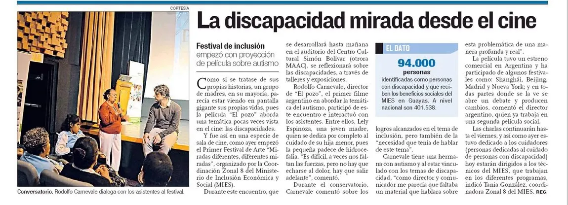 Recorte de prensa ecuatoriana sobre cine y discapacidad
