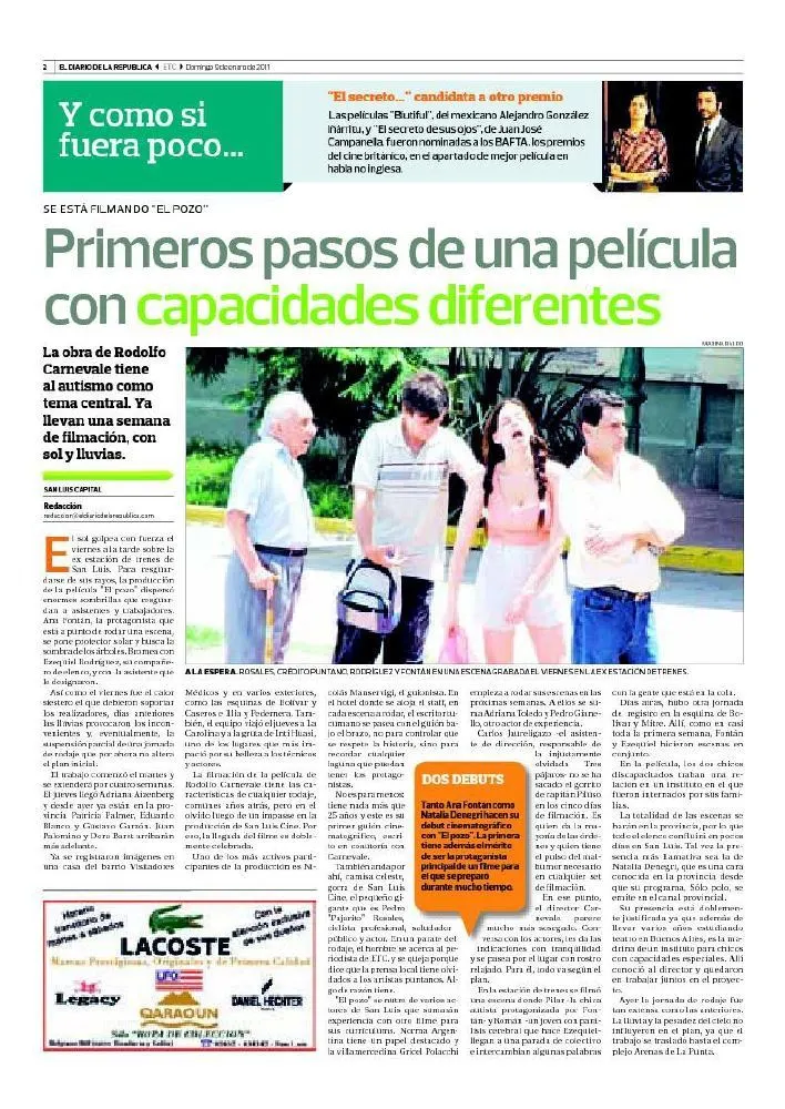 Recorte de El Diario de la República: Primeros pasos de una película con capacidades diferentes