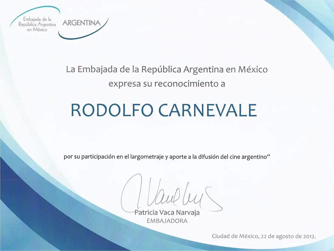 Diploma de reconocimiento de la Embajada Argentina en México a Rodolfo Carnevale